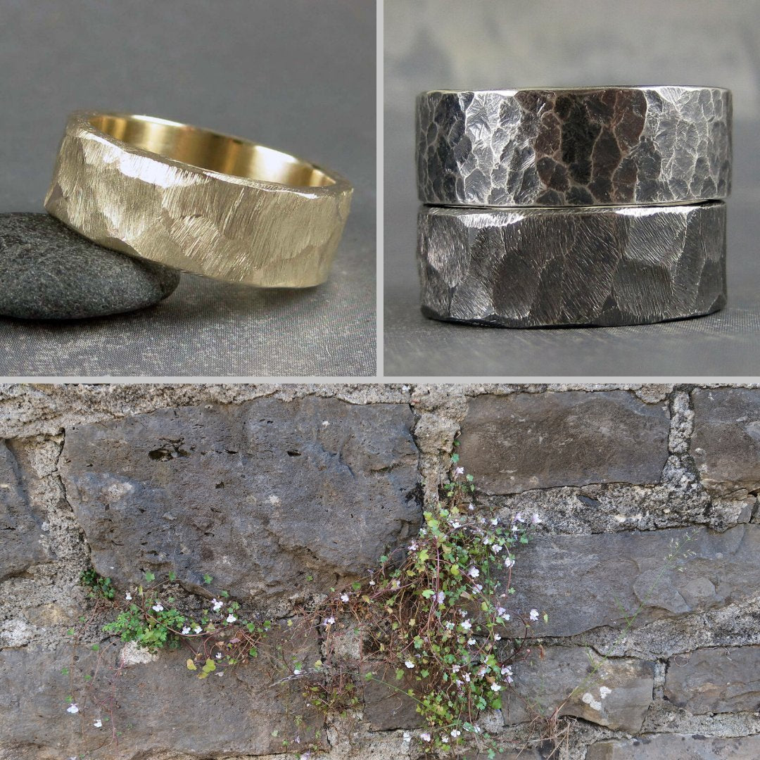 Rustic textured gold and silver rings with a stone wall in a similar texture
