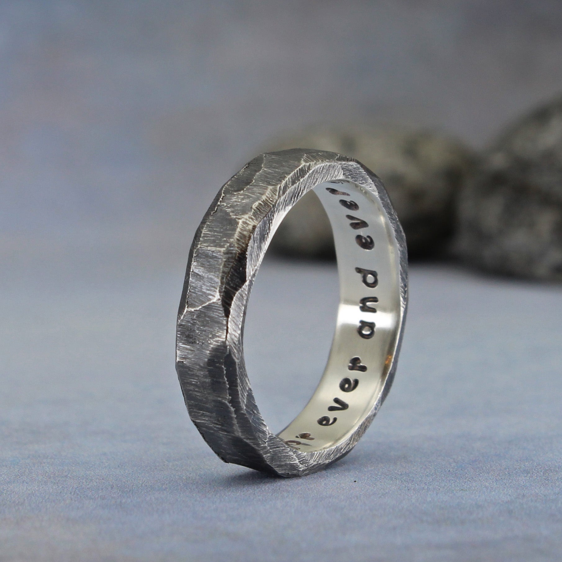 Personalized rough hewn sterling silver ring with dark oxidized finish
