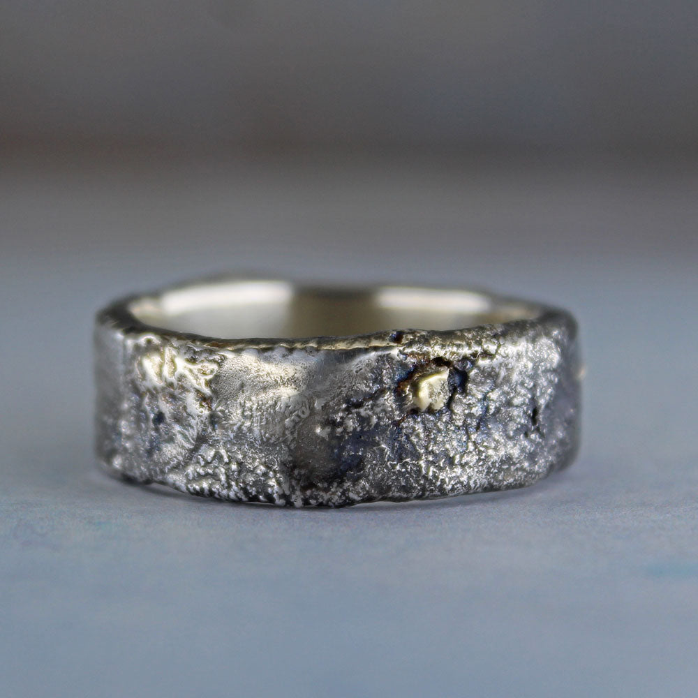 Molten sterling silver and 14k gold ring with dark patina - different angle