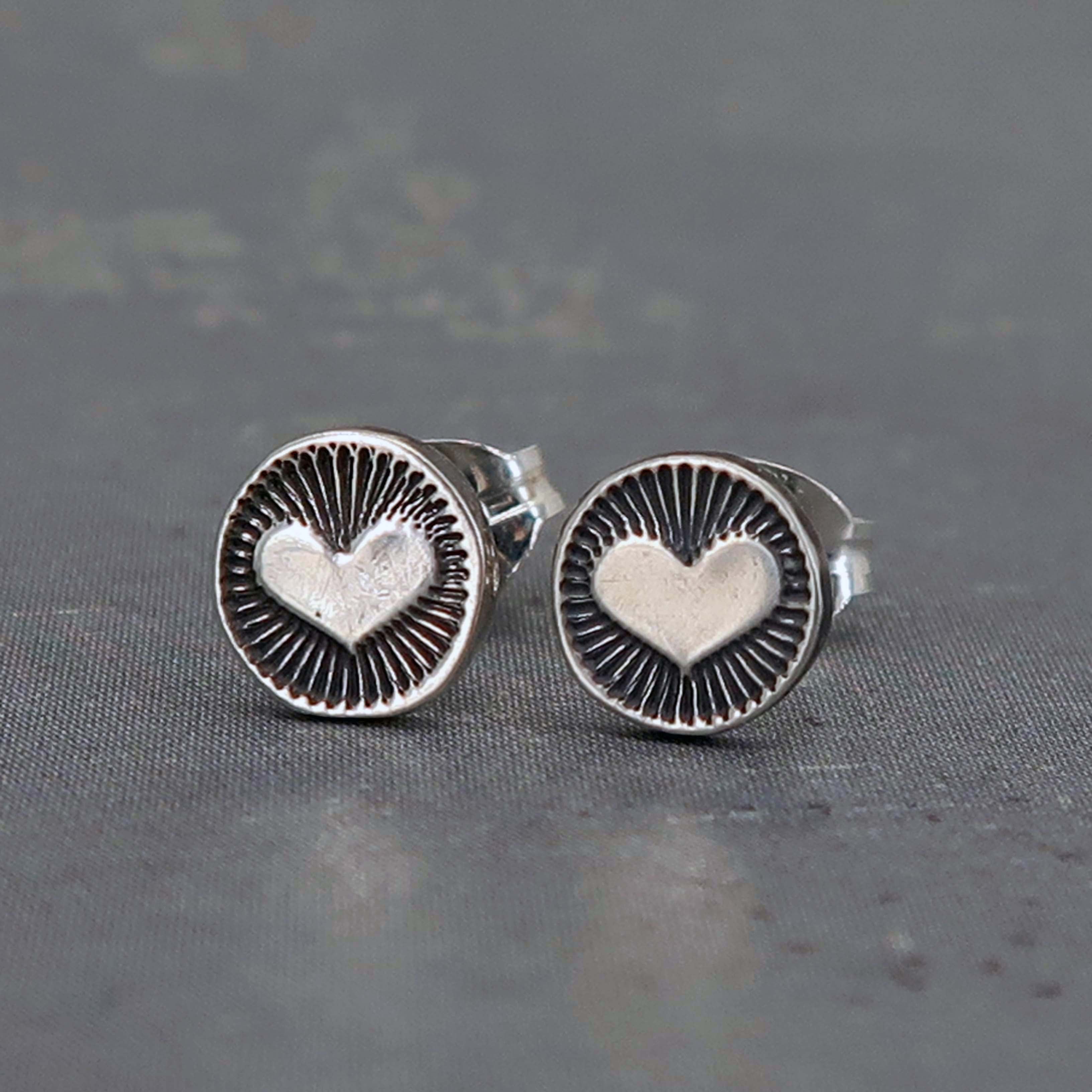 Handcrafted sterling silver heart studs
