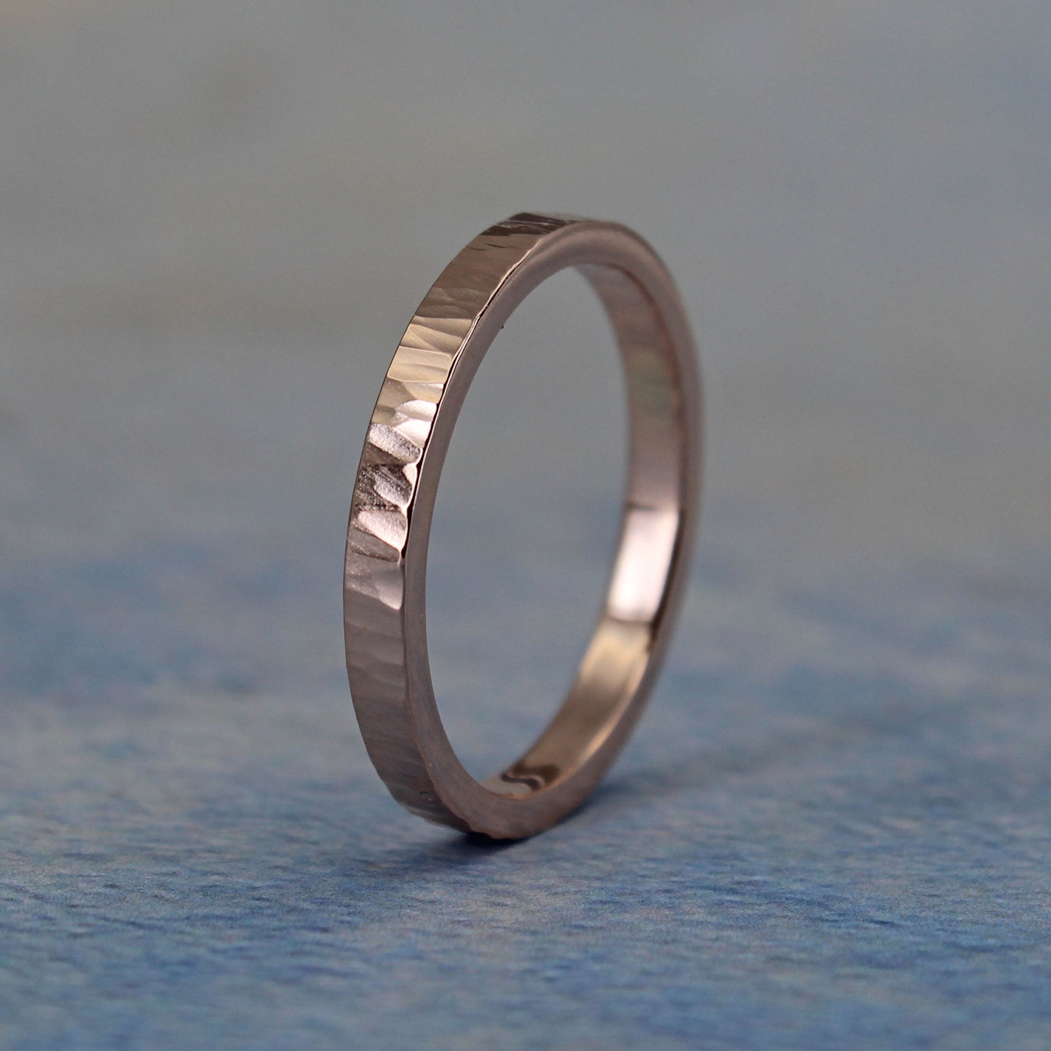 Personalized 14k rose gold stacking ring with tree bark hammered finish