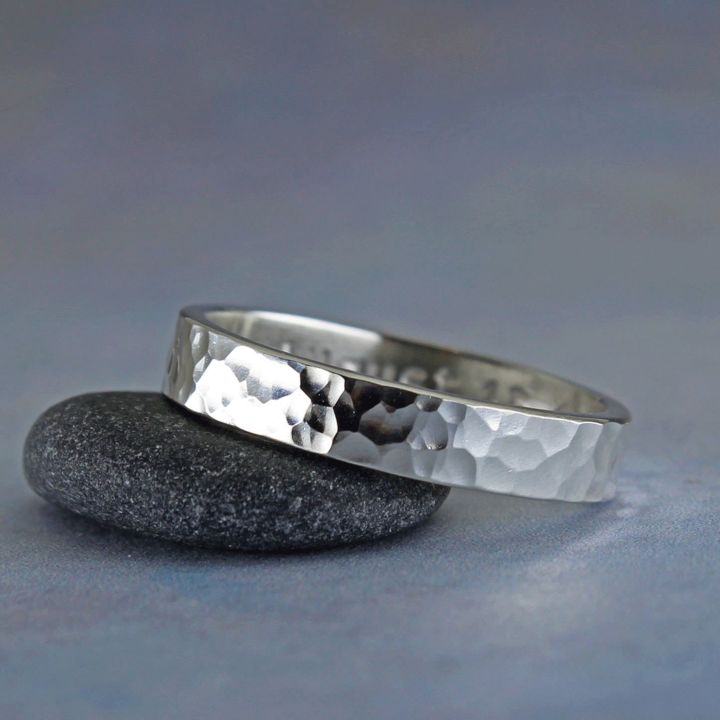 Hammered silver ring with custom inscription