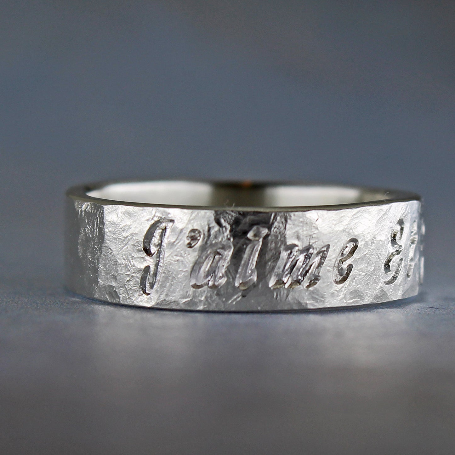 Personalized silver ring with rustic finish