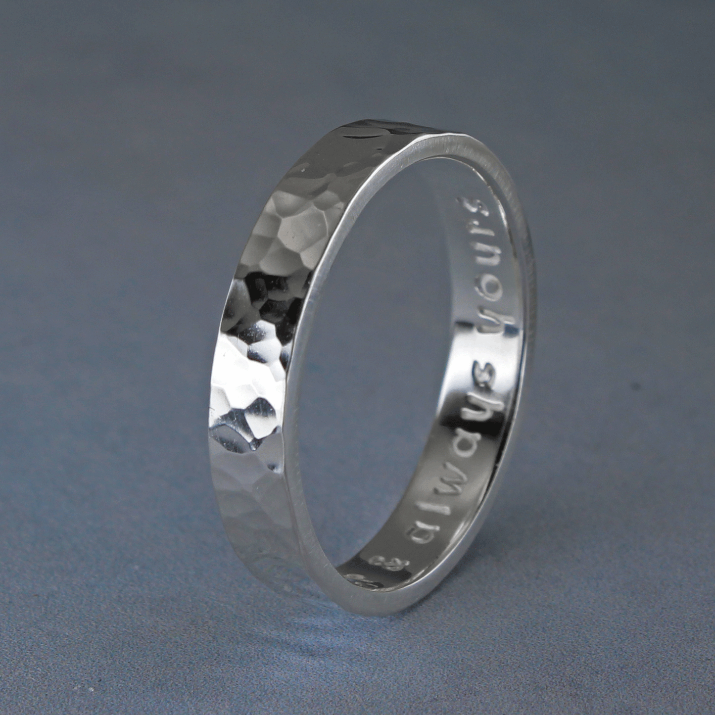Hammered sterling silver ring with personalized inscription, 4mm wide