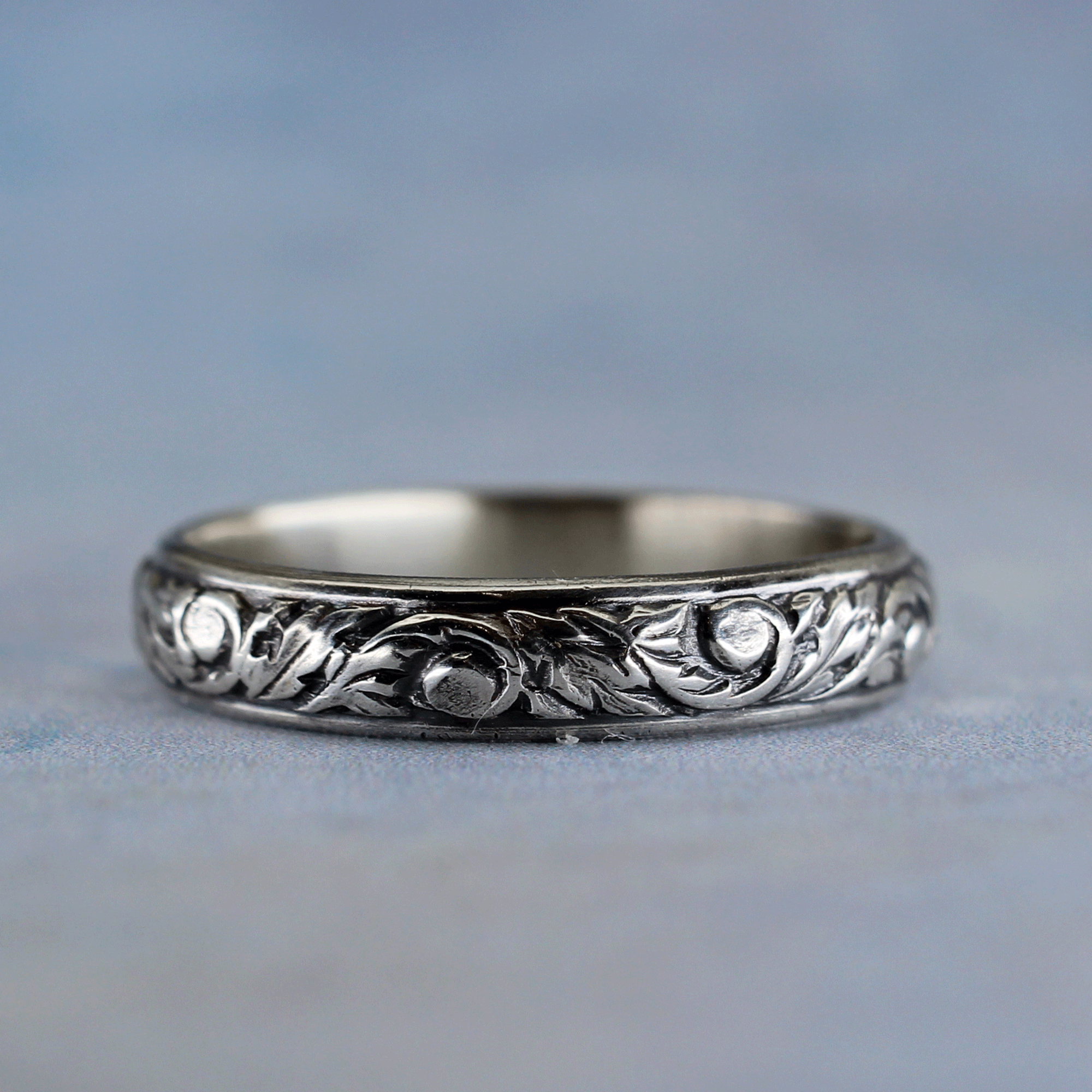 Oxidized leaf and vine sterling silver stacking ring