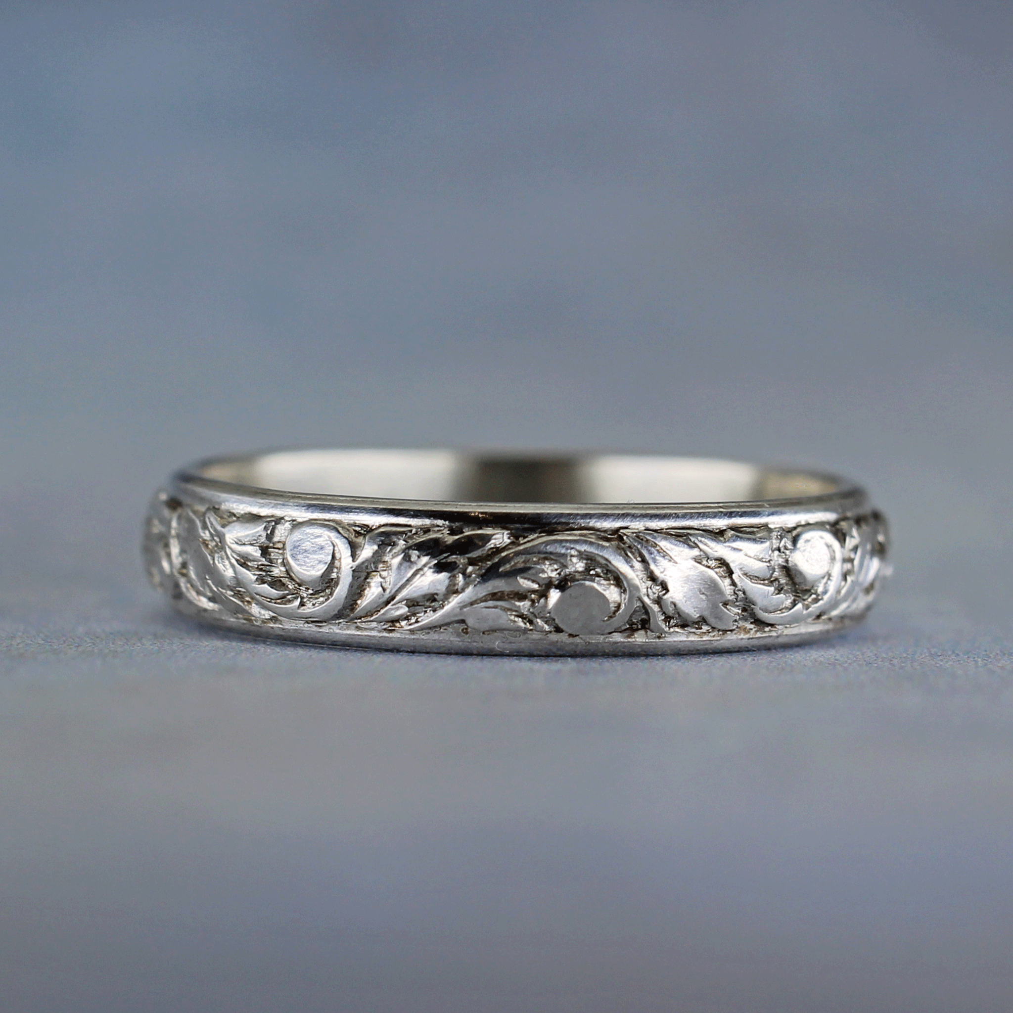 Leaf and vine sterling silver stacking ring in bright silver finish