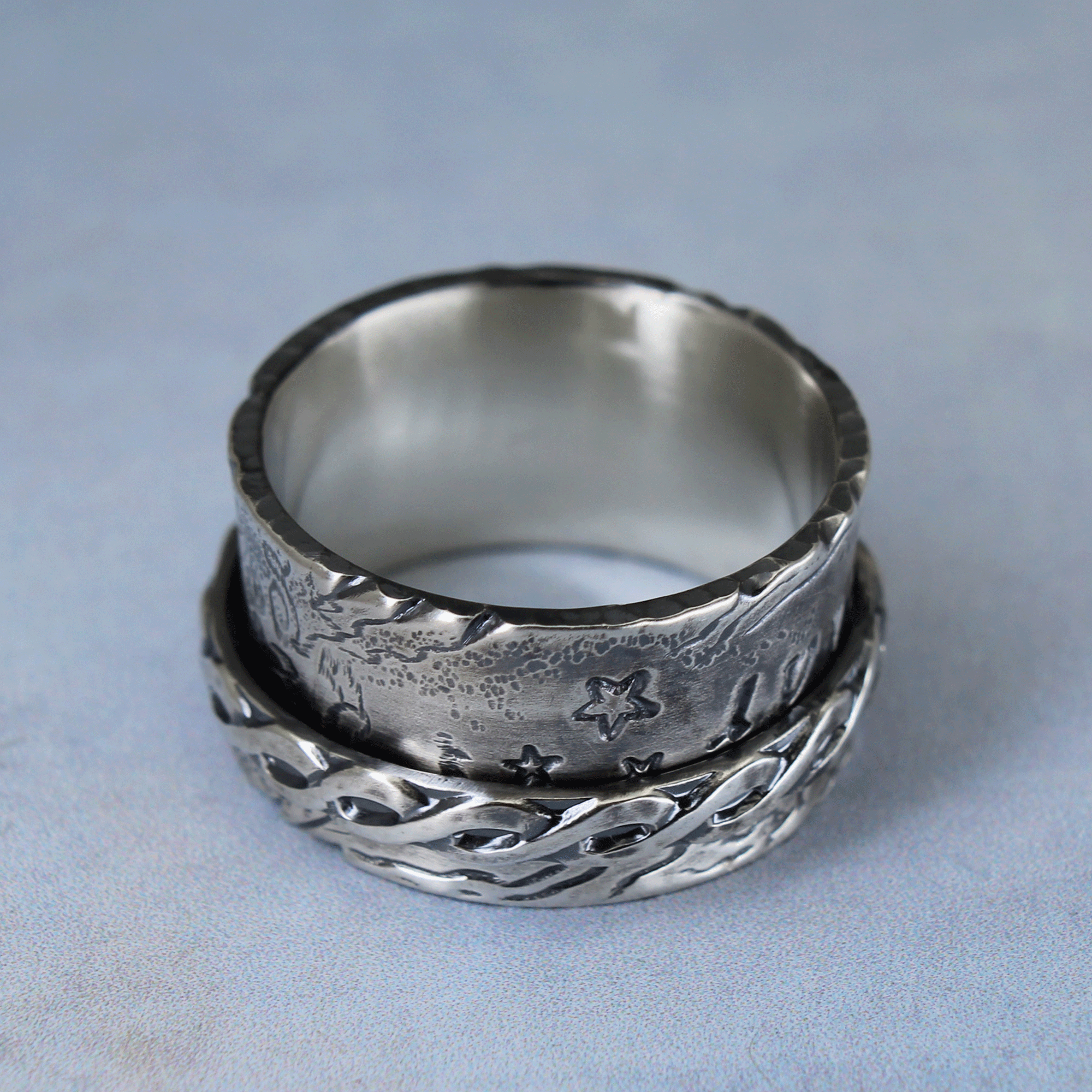 handmade spinner ring with antiqued finish and inspiring words