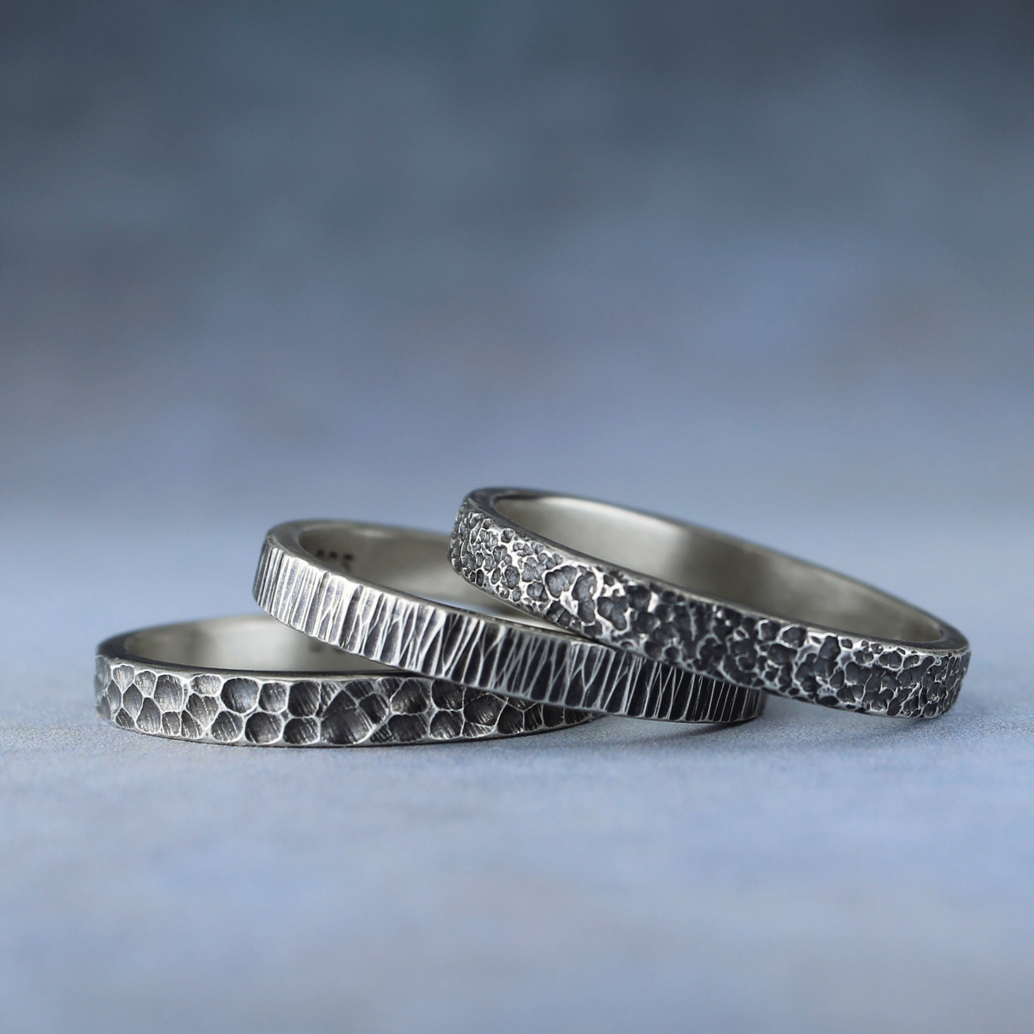 Texured rustic silver stacker ring set