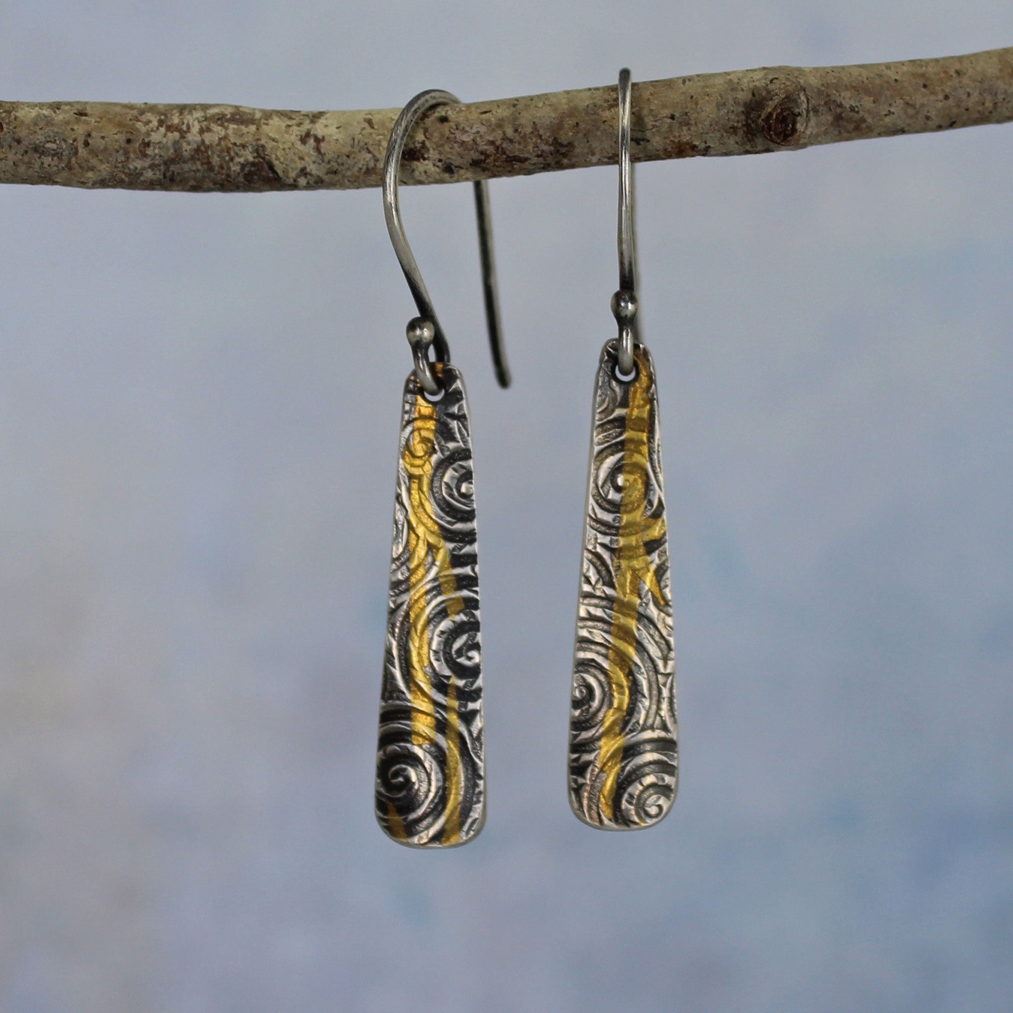 Ancient Spiral Paddle Earrings in Sterling Silver and 23k Gold accents