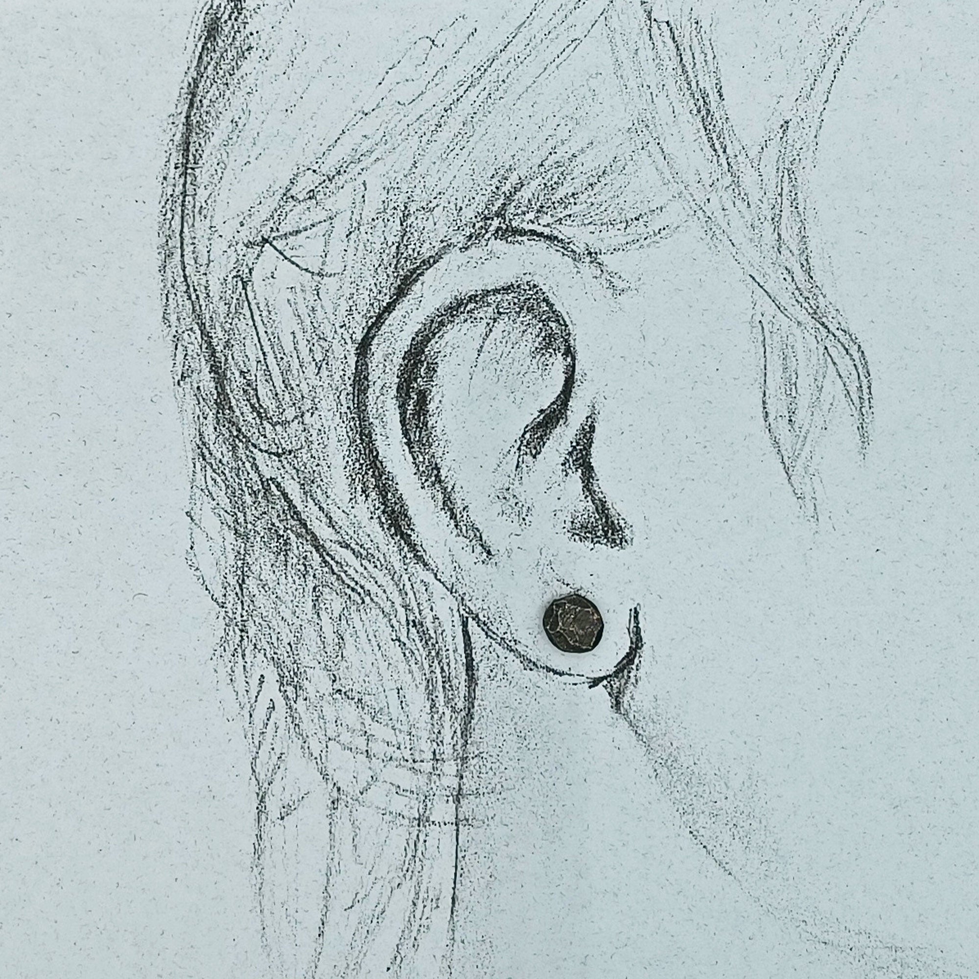 Dark silver studs shown in life size ear drawing
