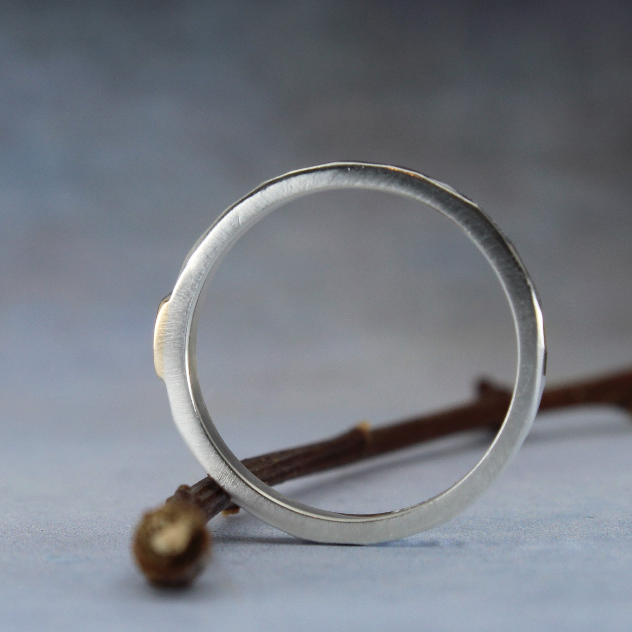 Side view of the paw print ring handmade in sterling silver and 10k gold