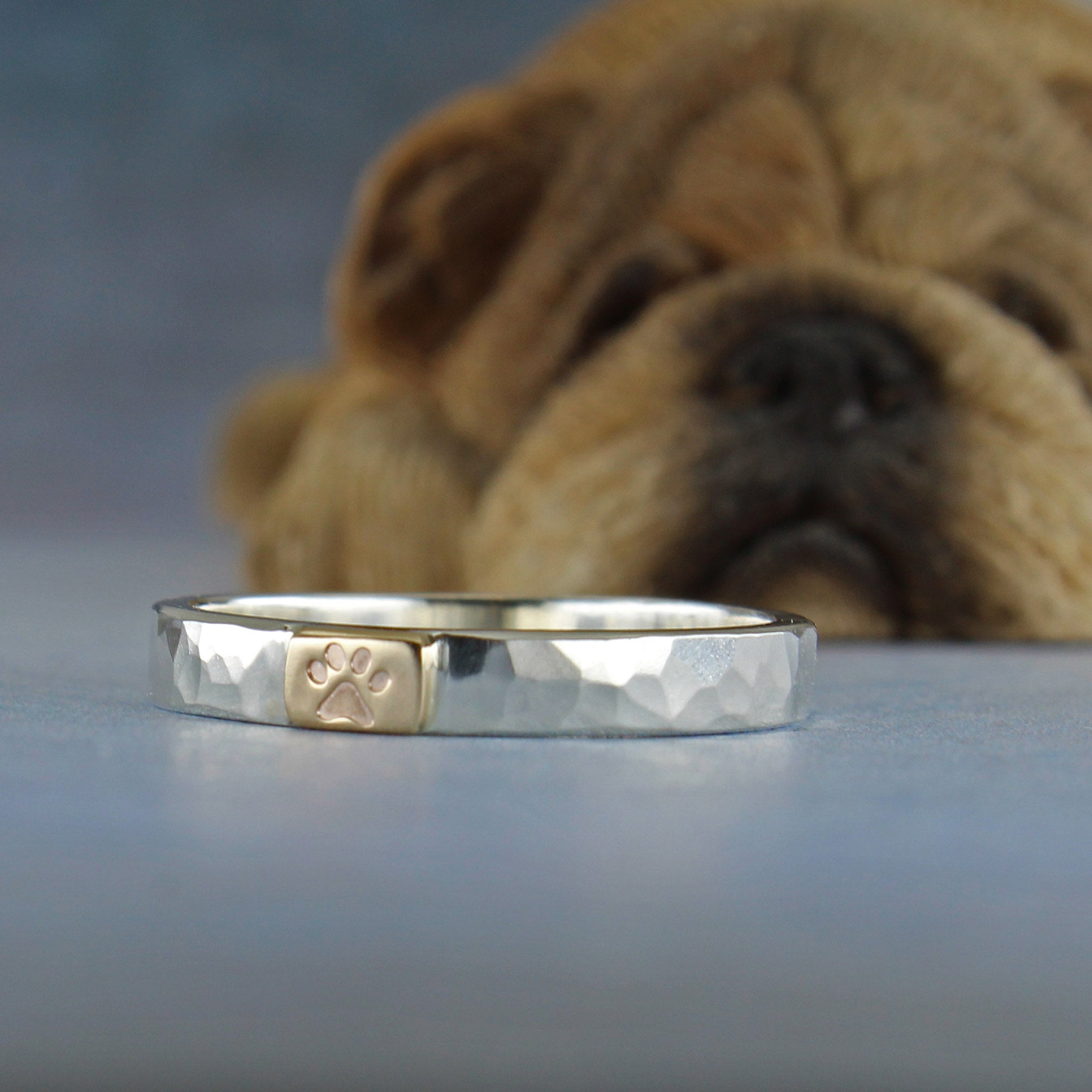 Handmade sterling silver and gold paw print stacking ring