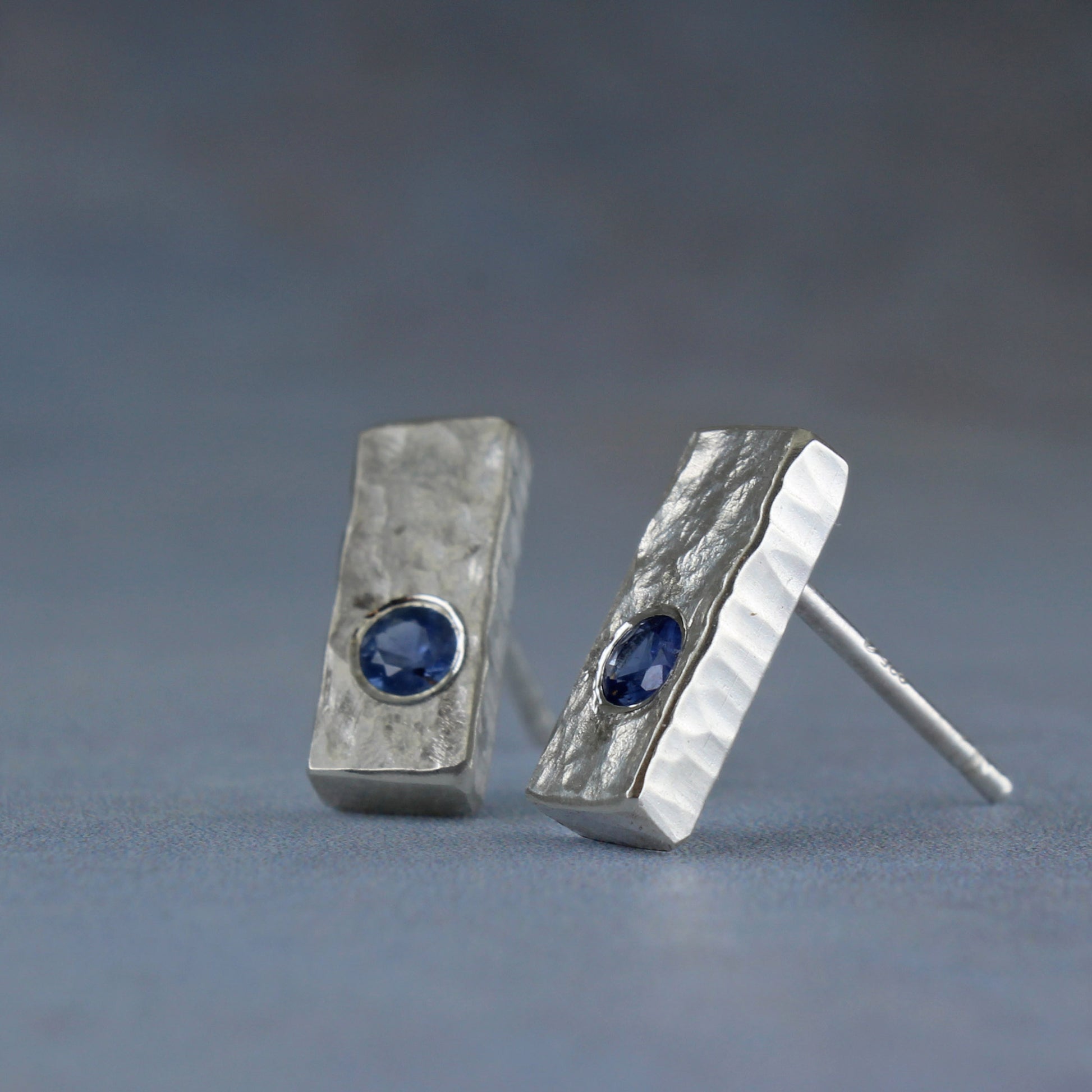 Mens sapphire post earrings, sterling silver bars made from rustic hammered silver