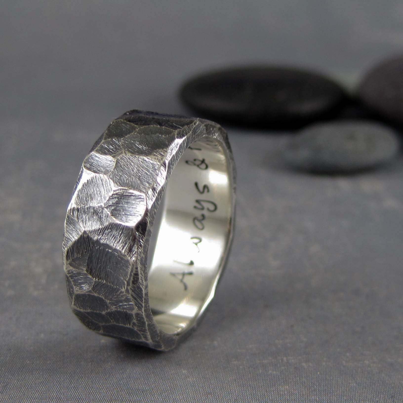 Rough hewn sterling silver wedding band with custom inscription