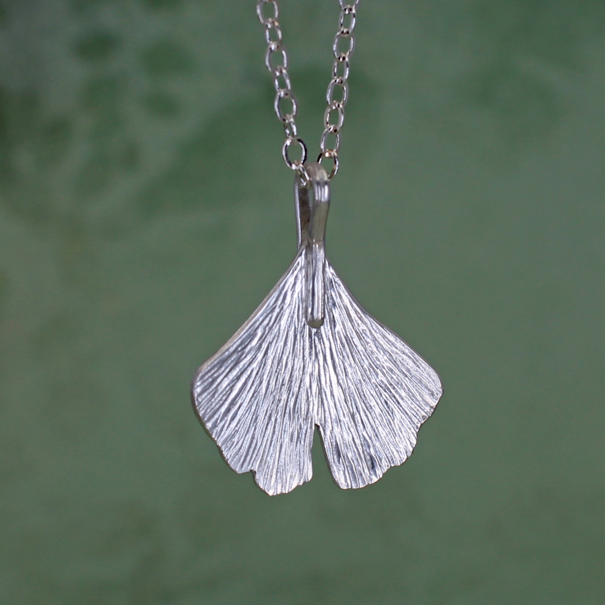 Botanical silver necklace shaped from real ginkgo leaf