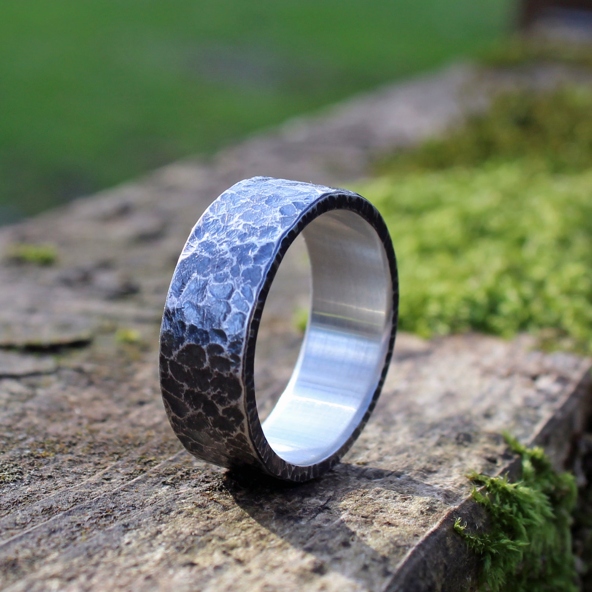Dark hammered silver ring
