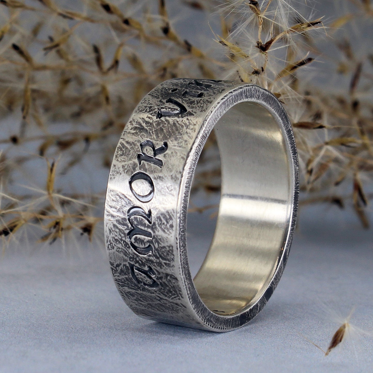 Amor Vincit Omnia ring, rustic silver ring with inscription
