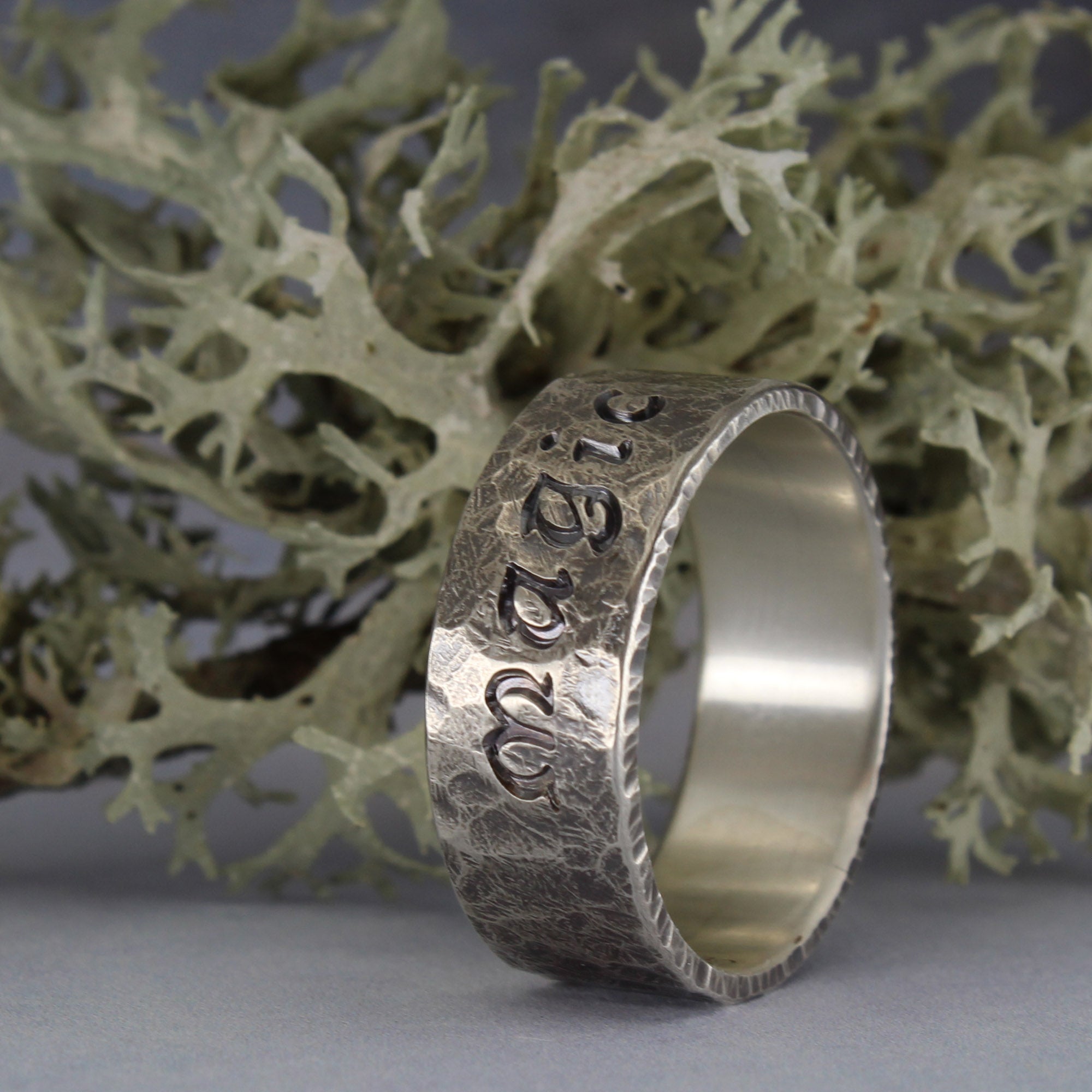 Handmade silver ring with celtic style fantasy inscription magic
