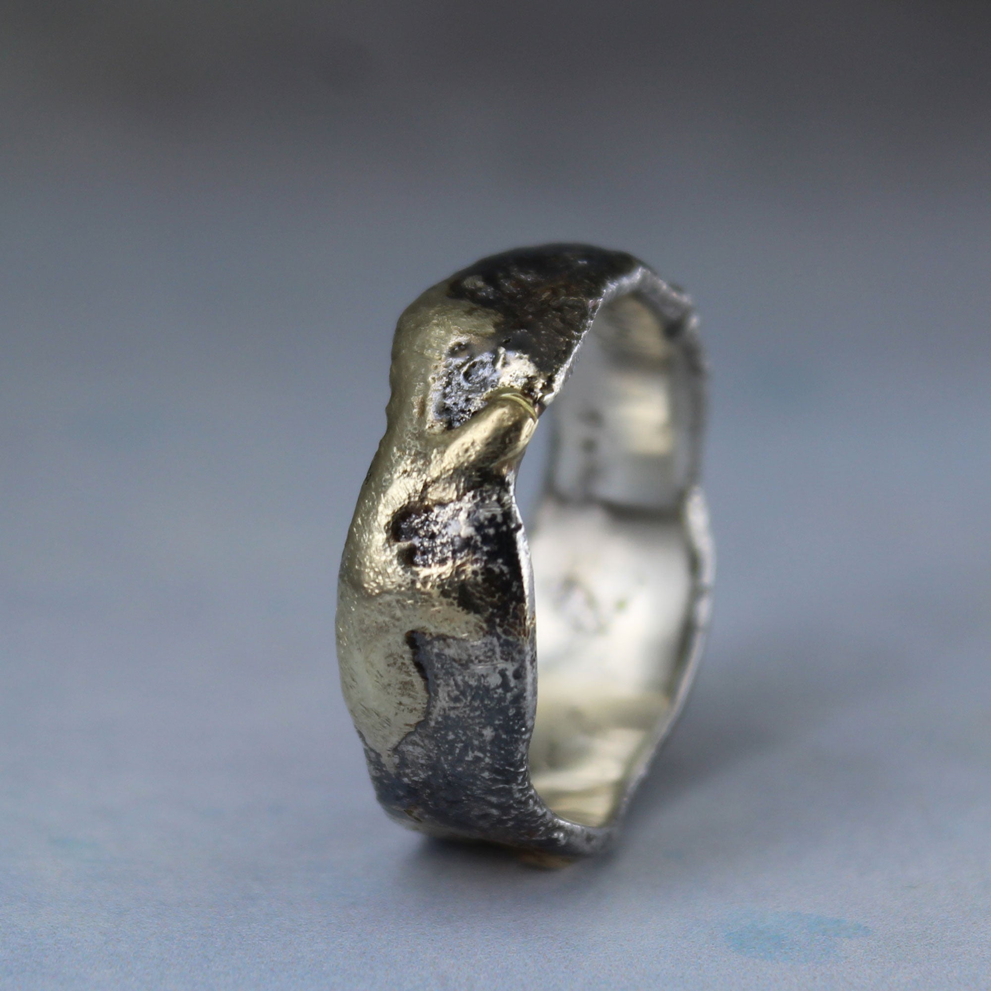 Fused sterling silver and 14k ring, one of a kind, showing from different side