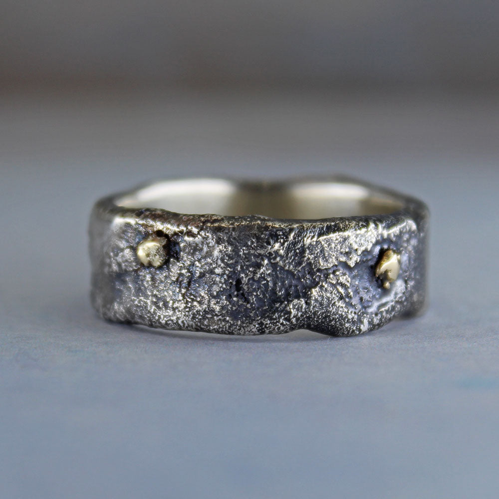 Organic mens rings made with sterling silver and 14k gold ring with dark patina 