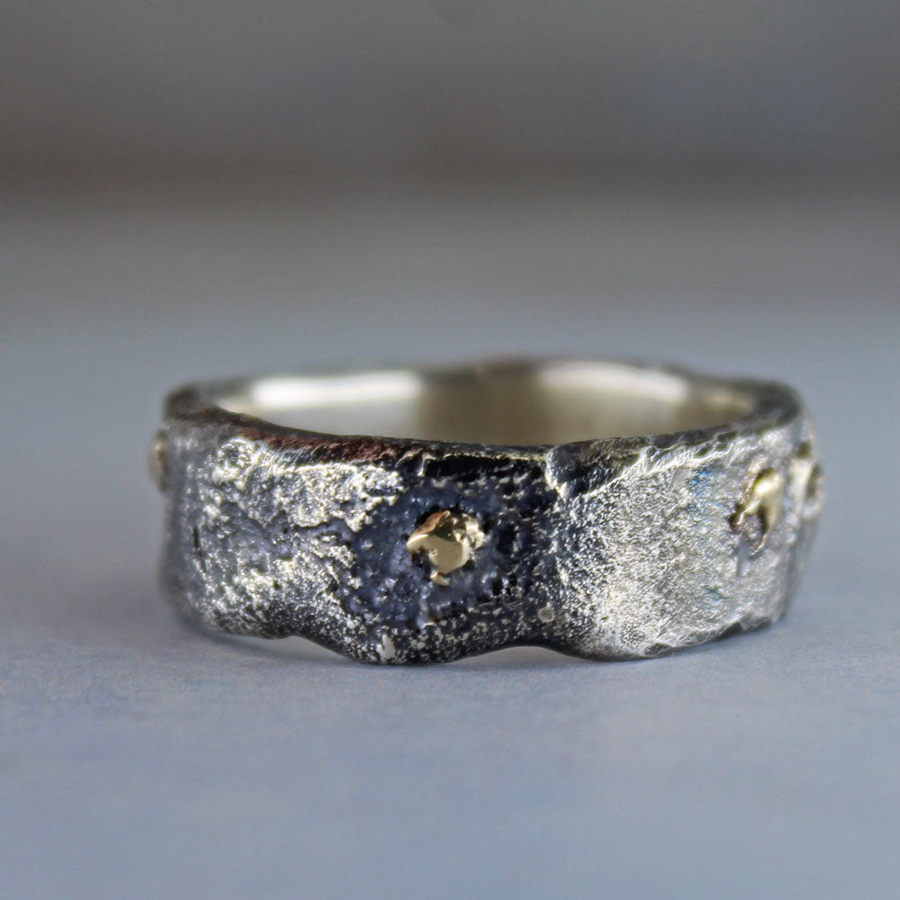 Fused silver and gold ring for man, dark patina