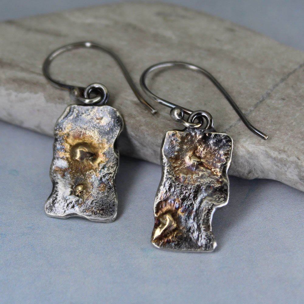 Fused sterling silver and 14k gold uneven rectangle dangle  earrings with molten edges. 