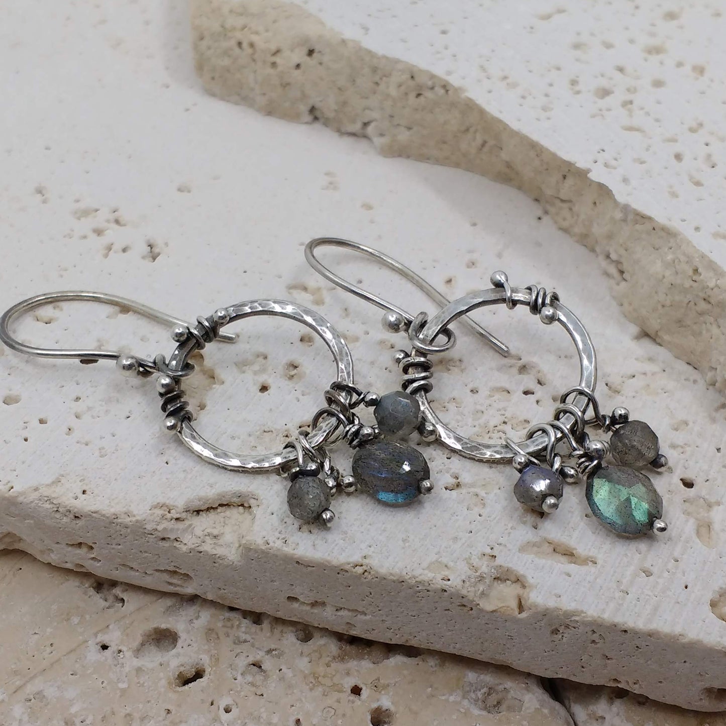 Artisan made silver  circle dangle earrings with gemstone beads