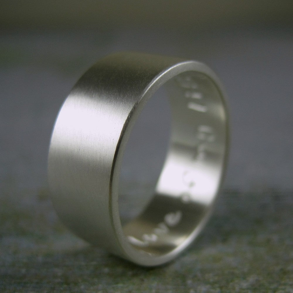 Personalized stelring silver ring with a smooth brushed finish 8mm wide