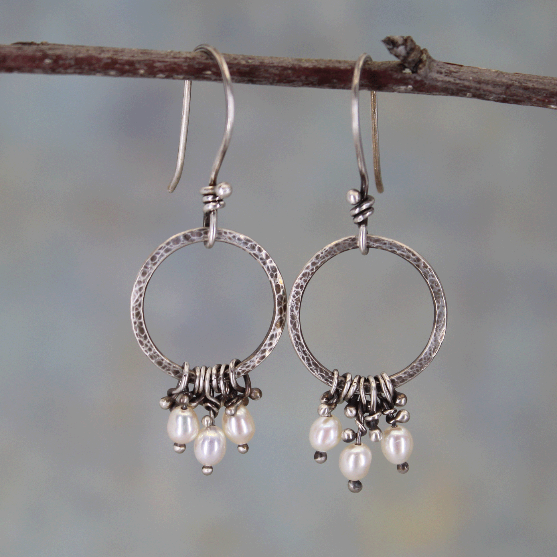 Handmade circle dangle earrings with white pearls