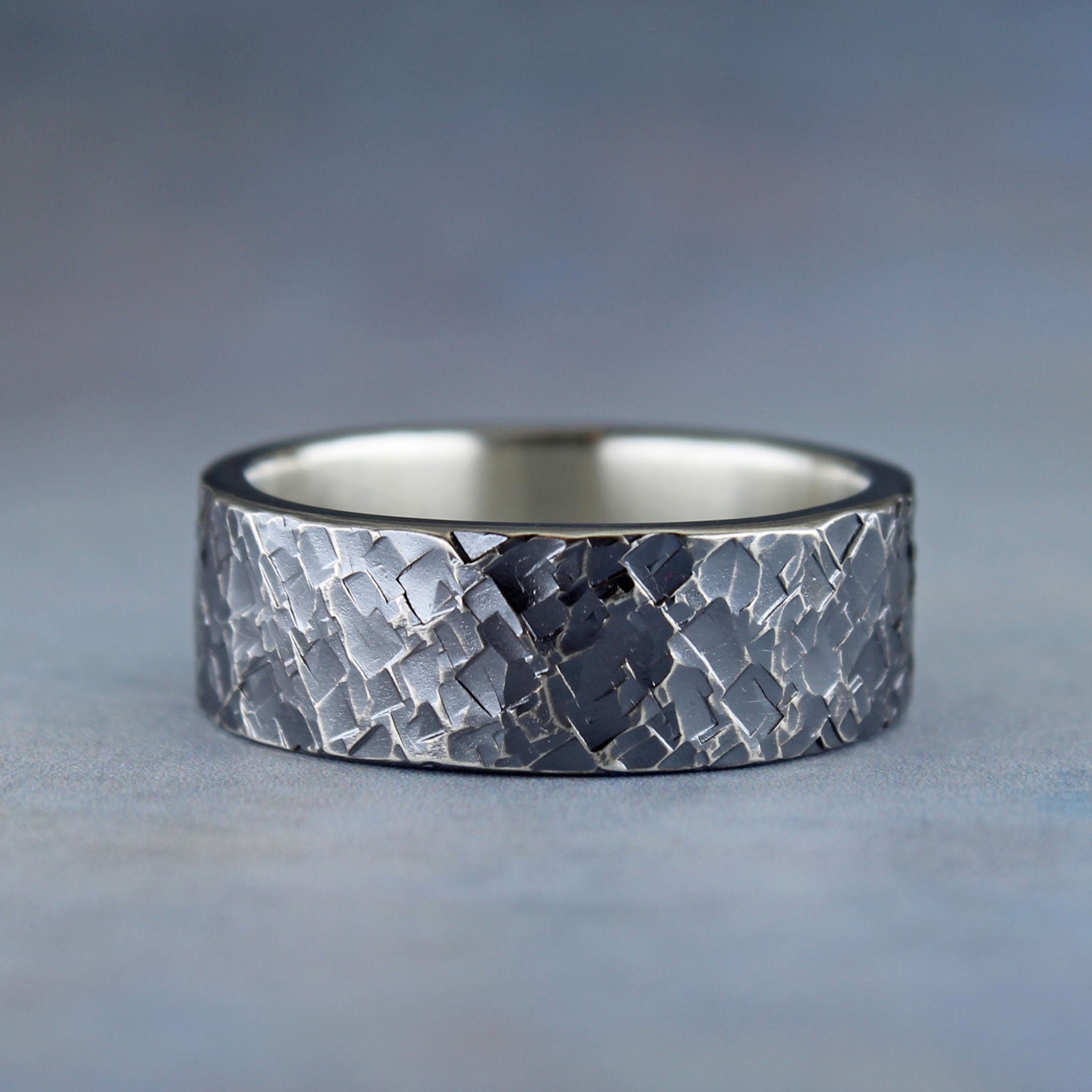 Rugged hammered sterling silver personalized ring with 8 mm wide band