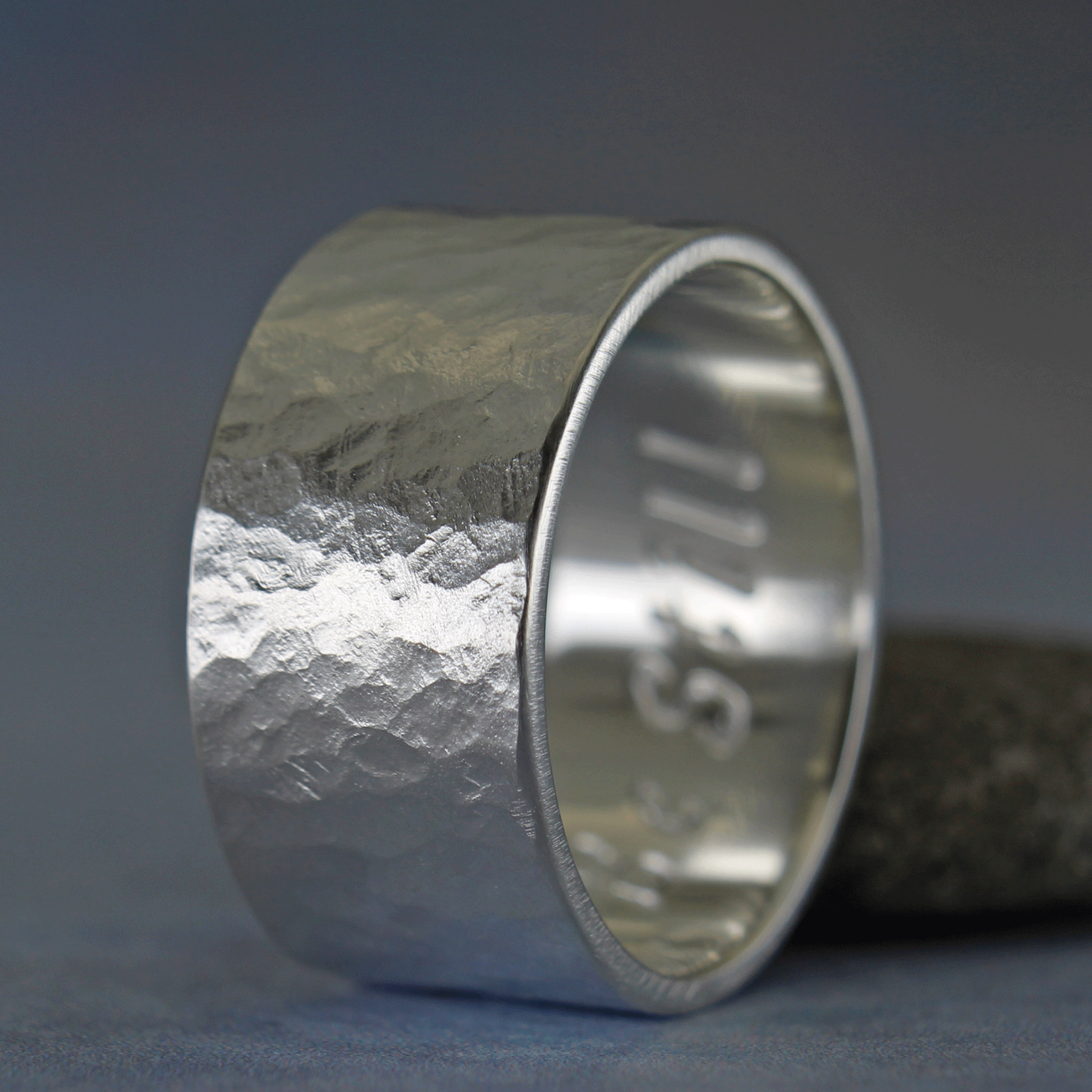 Rustic hammered sterling silver ring with the 3mm Calligraphy letters