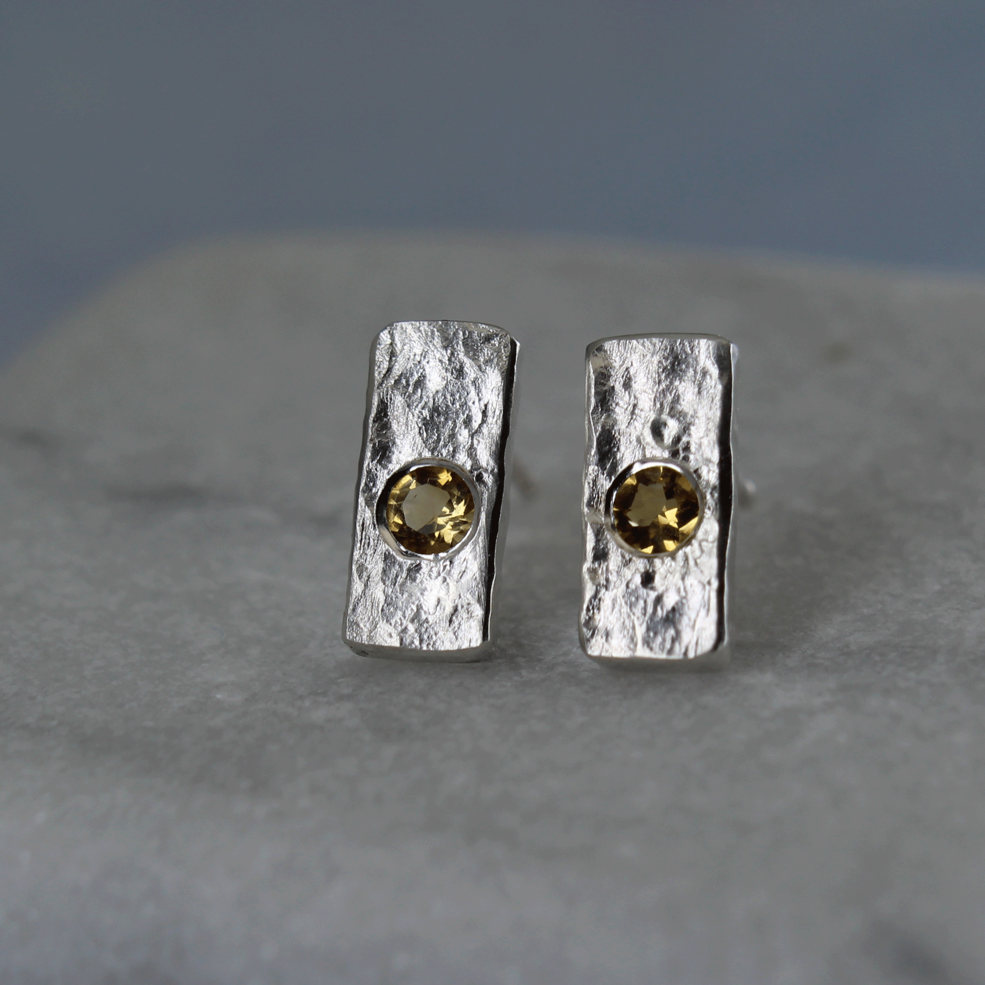 Silver bar post earrings with citrine gemstones