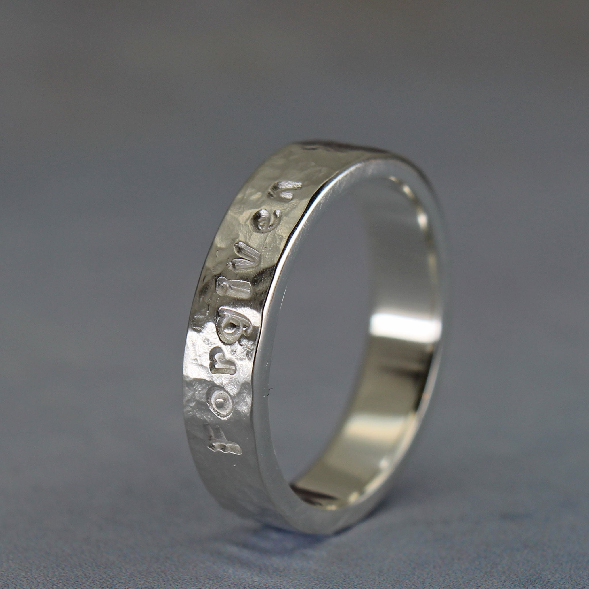 Personalized rustic hammered sterling silver ring 4 mm wide