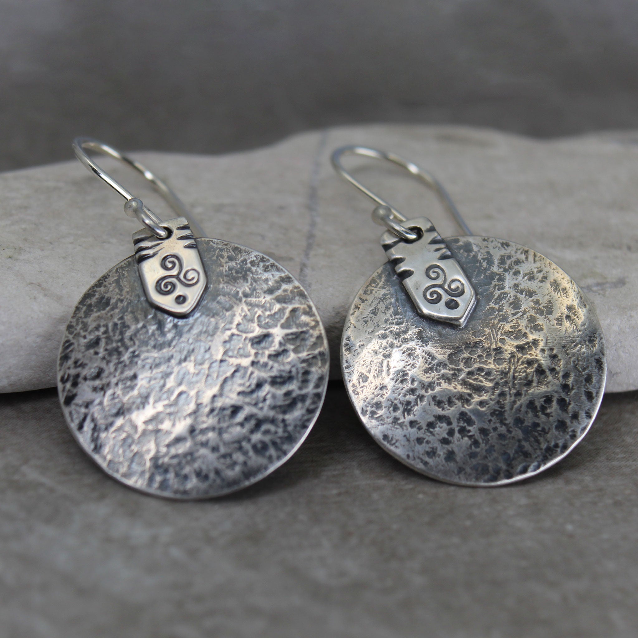 Celtic Triskele Earrings in Sterling Silver – Rustic Hammered Disc Design