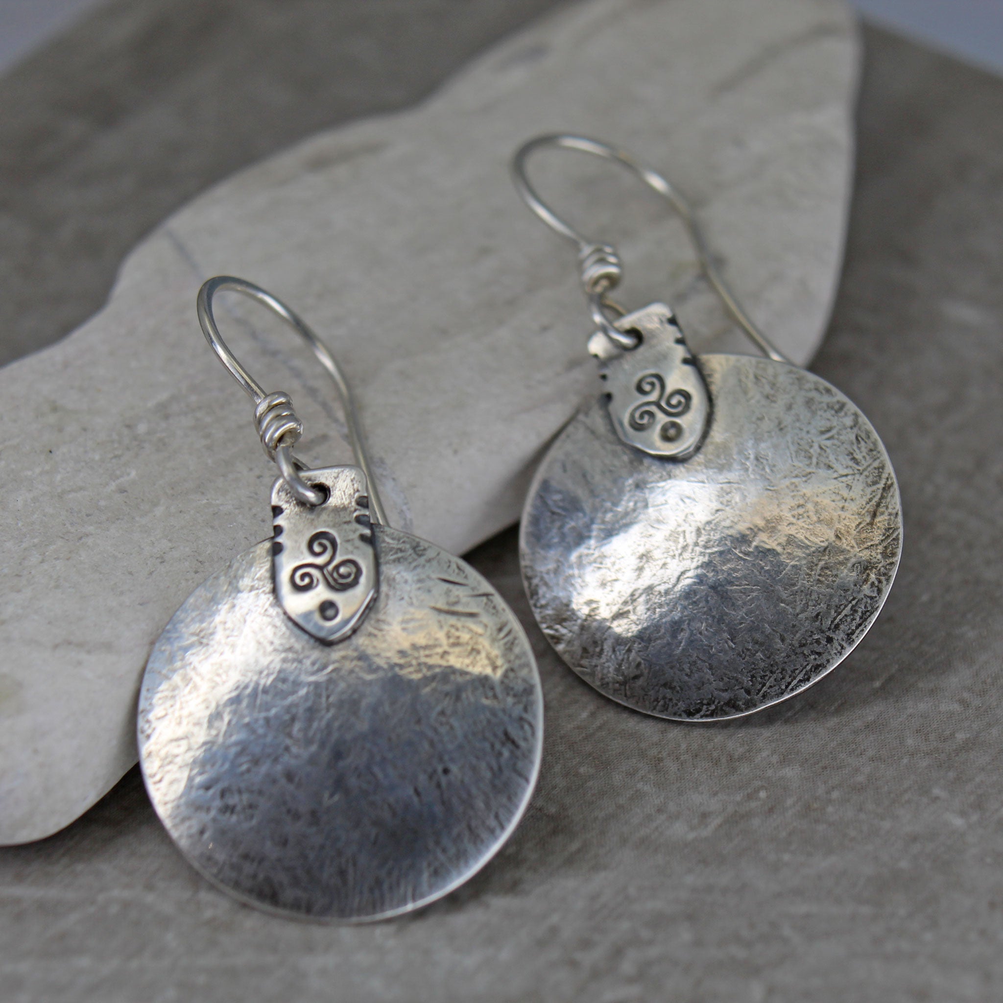 Celtic Triskele Earrings – Lightly Hammered Sterling Silver with Wrapped Ear Wires