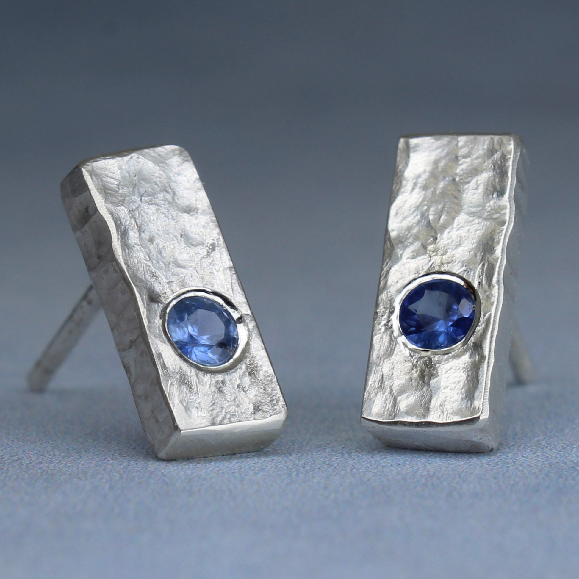 Sterling silver bar studs with blue sapphire gemstones, unisex post earrings