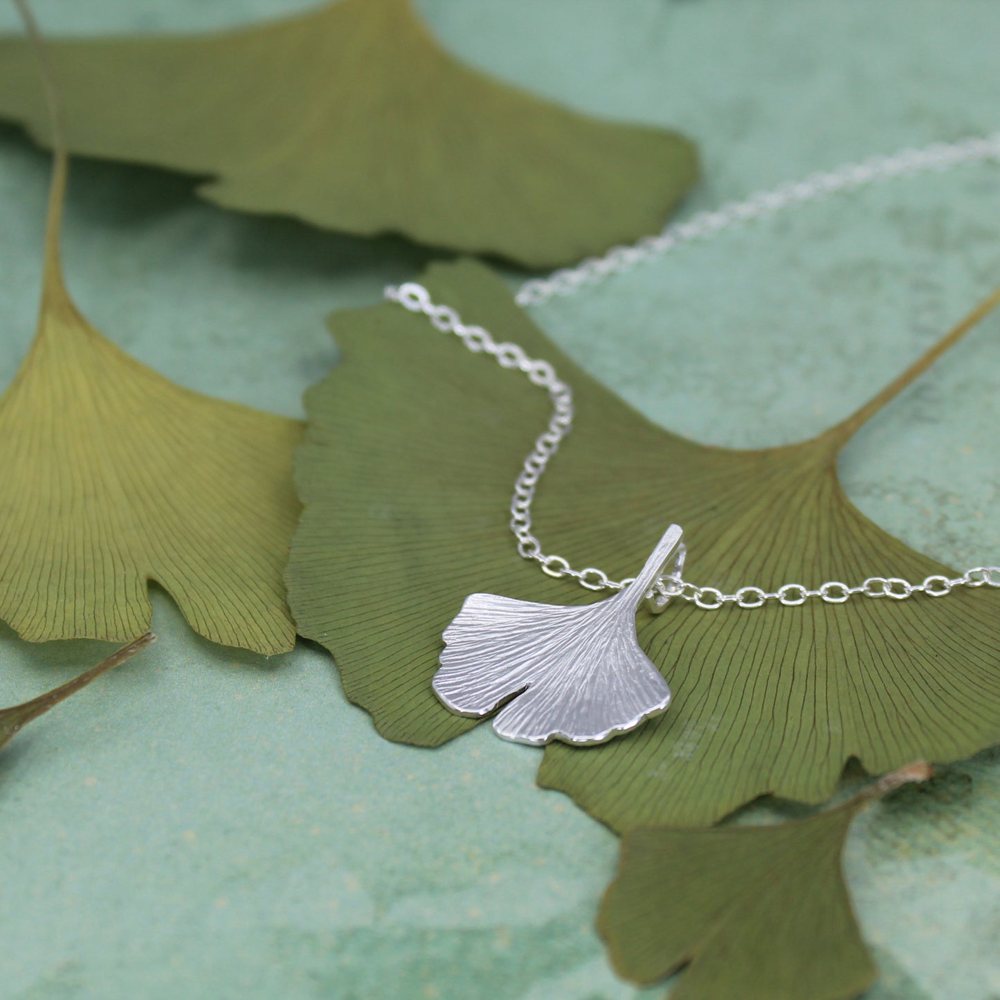 Small ginkgo leaf necklace in sterling silver