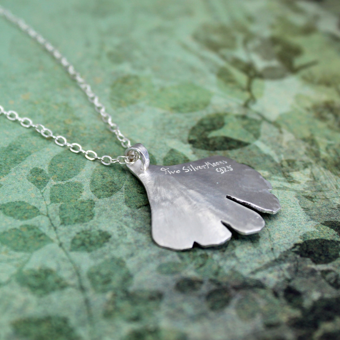 Ginkgo leaf necklace in sterling silver
