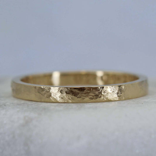 Rustic hammered gold ring 2mm wide with personalized inscription