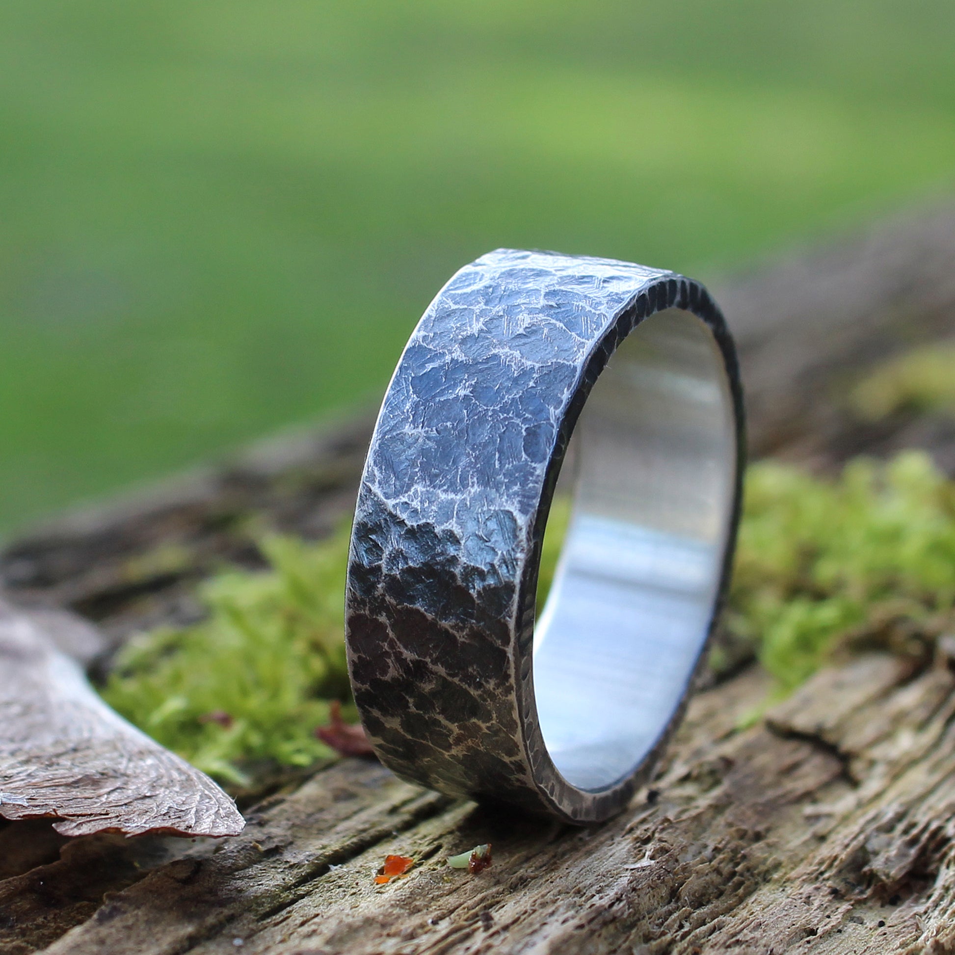 Mens hammered sterling silver ring with black finish