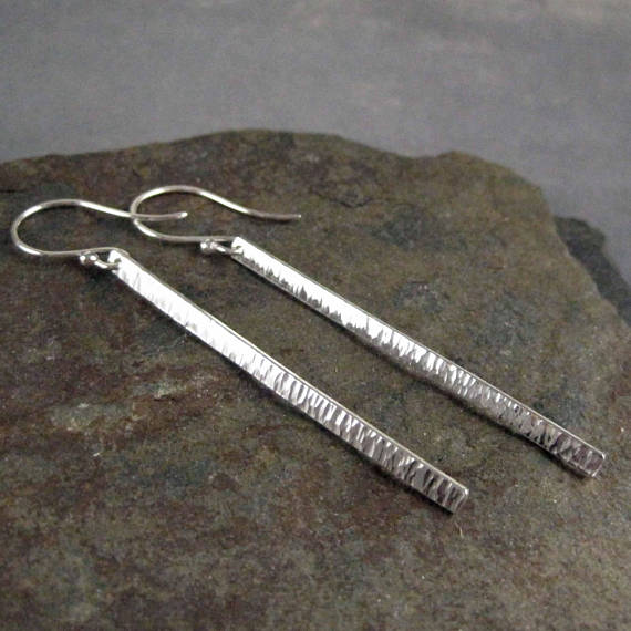 long hammered silver bar earrings