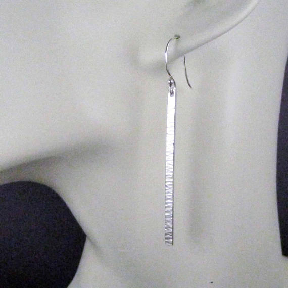Extra long silver bar earrings hammered silver Ripples